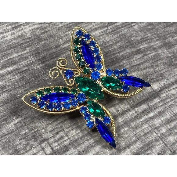 Juliana D & E Jewelry - Vintage Juliana D & E Blue & Green Rhinestones Gold Tone Butterfly Brooch Pin